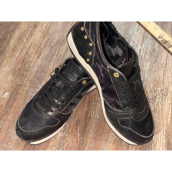 Shoes - Diesel Black Gold Leather Mesh Sneakers Streetwear Shoes Goth Punk Emo 7